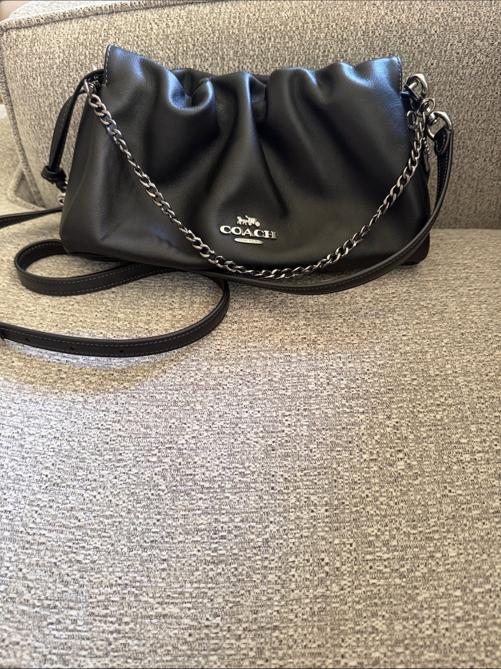 COACH Faye Black Leather Ruched Shoulder Bag with Chain Detail